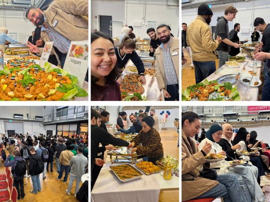 Bildercollage mit verschiedenen Personen, die an einem Büffet stehen oder essen. Alle feiern.