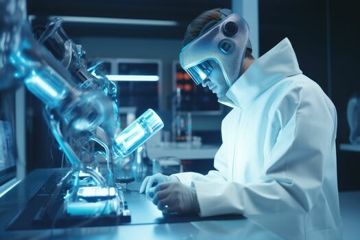 Laborleiter untersucht am Mikroskop Material