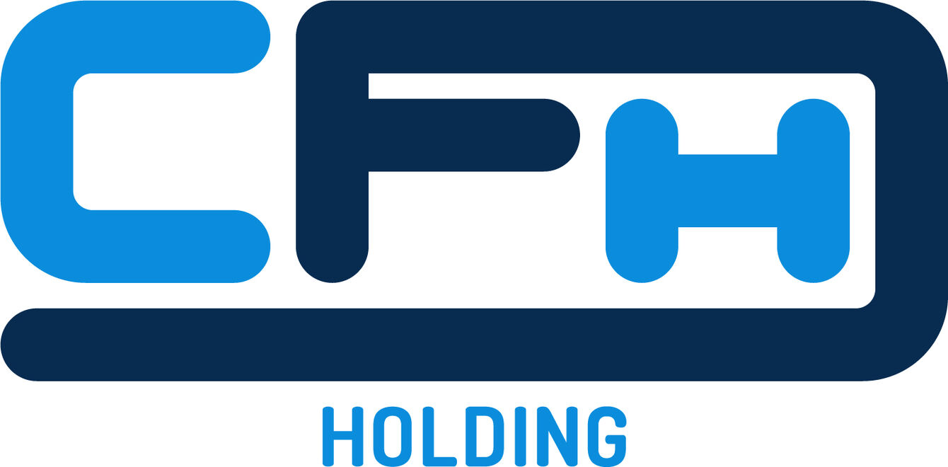 Das Logo von CFH Holding dunkelblaue und hellblaue Buchstaben. Das F schlägt einen Bogen um das H. 