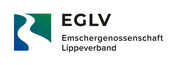 Das Logo der Emschergenossenschaft / Lippeverband mit drei Farben blau, grün und weis und ähnlich wie ein Flussverlauf geschwungen.
