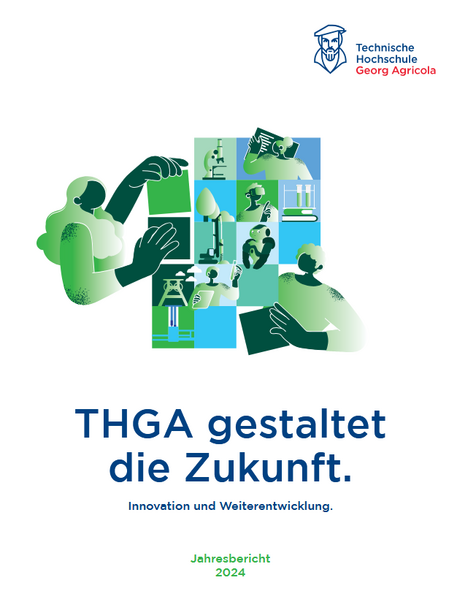 Eine Grafik mit einer Frau und einem Mann, die Bausteine zusammensetzen, auf denen unterschiedliche technische Geräte wie beispielsweise ein Mikroskop oder ein Förderturm zu sehen sind. 